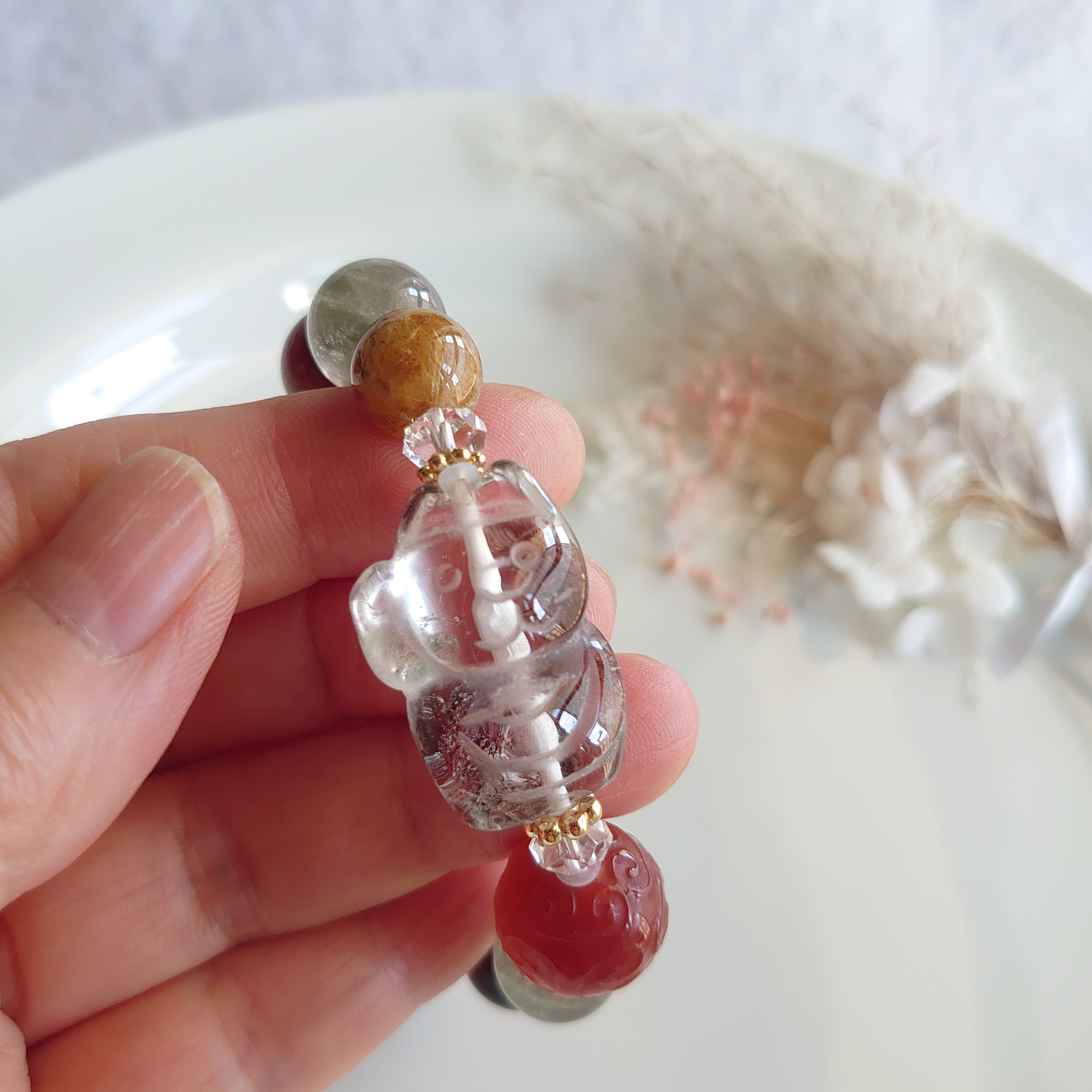 ガーデンクォーツ(ΦωΦ)ネコ　天珠ブレスレット　素敵な逸品｜詳細画像