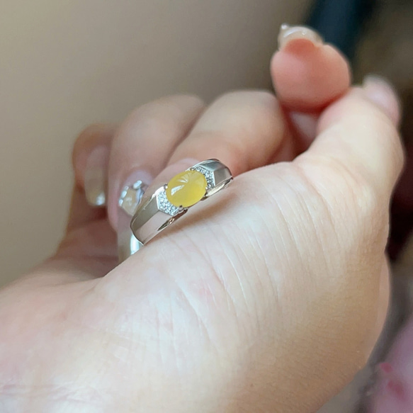24-3 受注製作 氷黄翡翠 k18金 天然 ミャンマー産 本翡翠 リング 指輪 天然ダイヤモンド 4枚目の画像