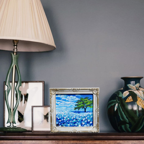 油絵 油彩 油彩画 絵 絵画 ミニ色紙【ネモフィラの丘】 絵画 HR 通販