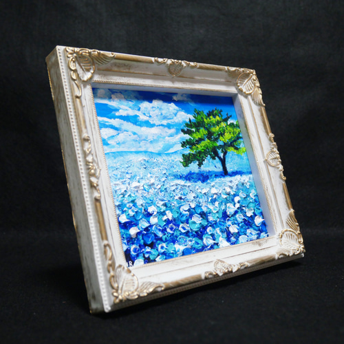 油絵 油彩 油彩画 絵 絵画 ミニ色紙【ネモフィラの丘】 絵画 HR 通販