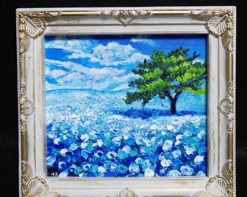 油絵 油彩 油彩画 絵 絵画 ミニ色紙【ネモフィラの丘】 絵画 HR 通販