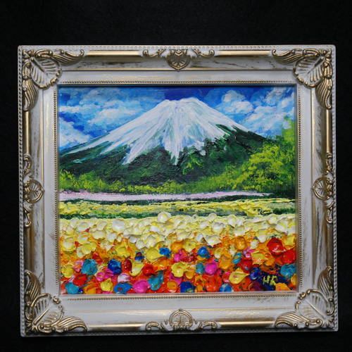 油絵 油彩 油彩画 絵 絵画 ミニ色紙【お花畑と富士山】 絵画 HR 通販 