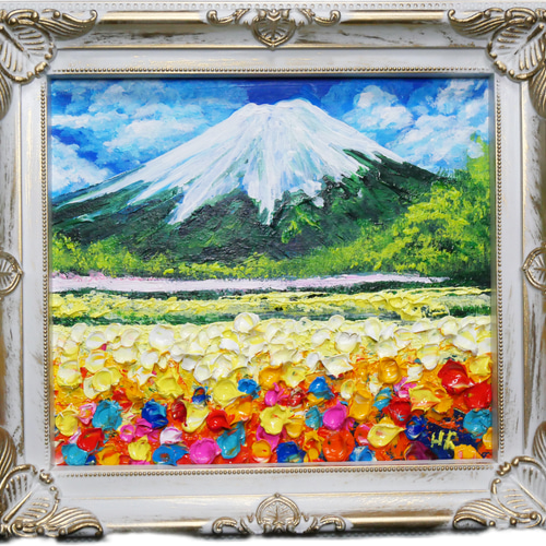 油絵 油彩 油彩画 絵 絵画 ミニ色紙【お花畑と富士山】 絵画 ＨＲ 通販 