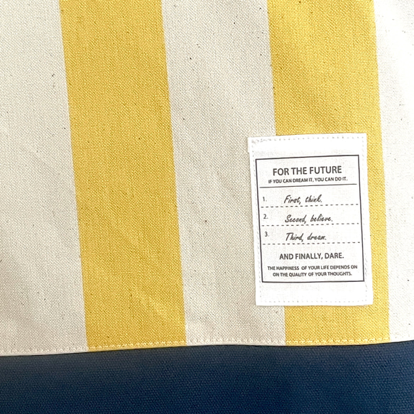 大きめサイズ　黄色太縞を楽しむレッスンバッグ　11号帆布濃紺切替　35×45サイズ　ループ付　 3枚目の画像