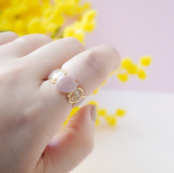 花舞ring　　ベージュ　ハート　オープンリング　桜　さくら　花見　フリーサイズ 2枚目の画像