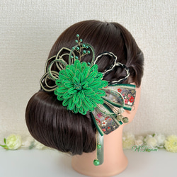 成人式結婚式卒業式・和装水引髪飾り・華一輪・緑 4枚目の画像
