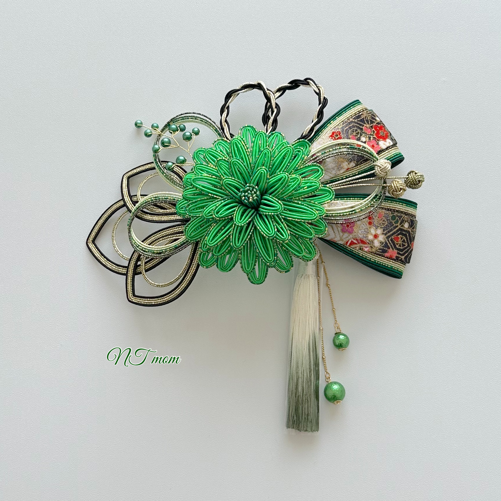 成人式結婚式卒業式・和装水引髪飾り・華一輪・緑