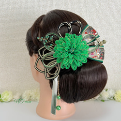 成人式結婚式卒業式・和装水引髪飾り・華一輪・緑 2枚目の画像