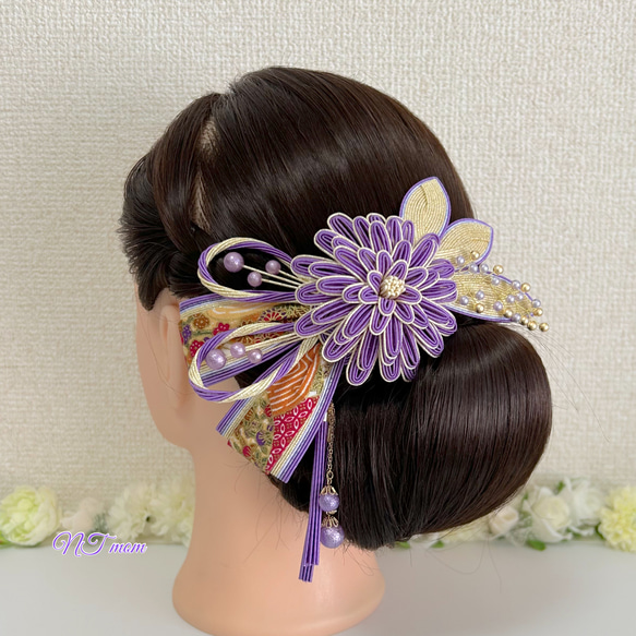 成人式結婚式卒業式・和装水引髪飾り・華一輪・うす紫金 4枚目の画像