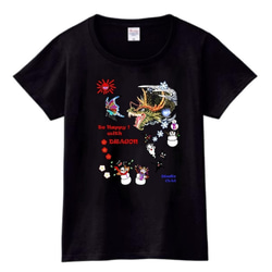 2024ハッピードラゴン黒：プリントスターTシャツ（レディース：黒） 1枚目の画像