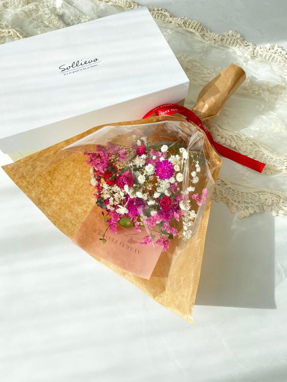 White＆pink red 薔薇とカスミソウ 花束 ドライフラワー ブーケ スワッグ ひな祭り バレンタイン 母の日 9枚目の画像