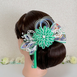 成人式結婚式卒業式・和装水引髪飾り・華一輪・うす緑 2枚目の画像