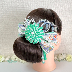 成人式結婚式卒業式・和装水引髪飾り・華一輪・うす緑 4枚目の画像