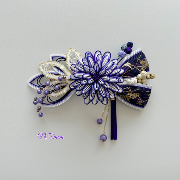成人式結婚式卒業式・和装水引髪飾り・華一輪・紫 1枚目の画像