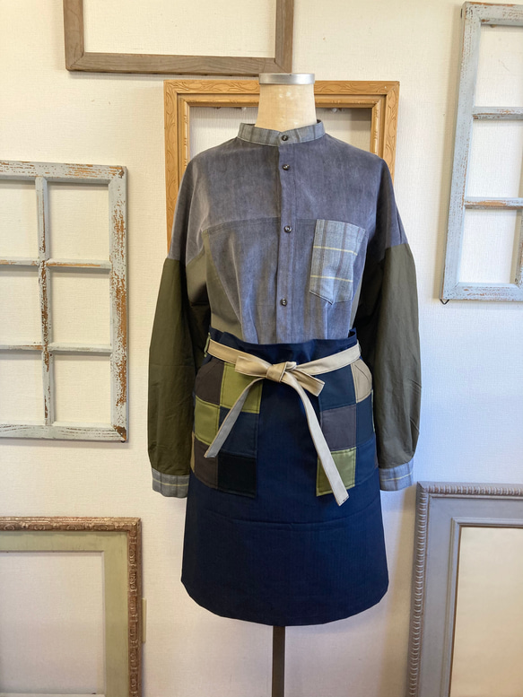 セール価格☆男女兼用オシャレエプロン❤️バイカラー市松模様ポケット