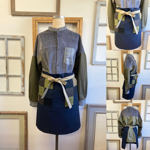 セール価格☆男女兼用オシャレエプロン❤️バイカラー市松模様ポケット