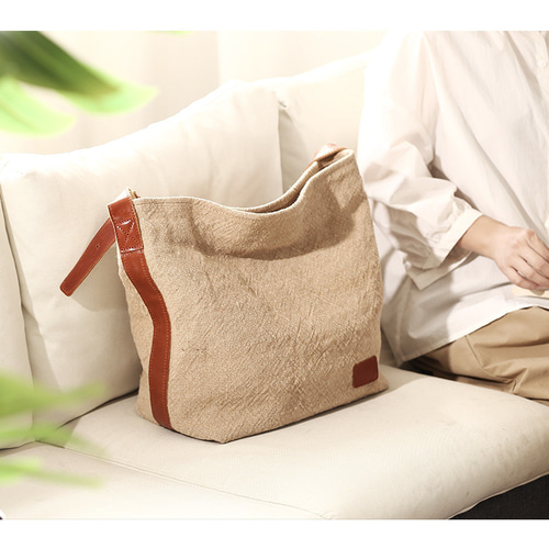 ショルダーバック　リネン　Ⅳ　少し小さ目 リネン×本革 ショルダーバッグ A4が入る パソコンが入る 亜麻 大容量