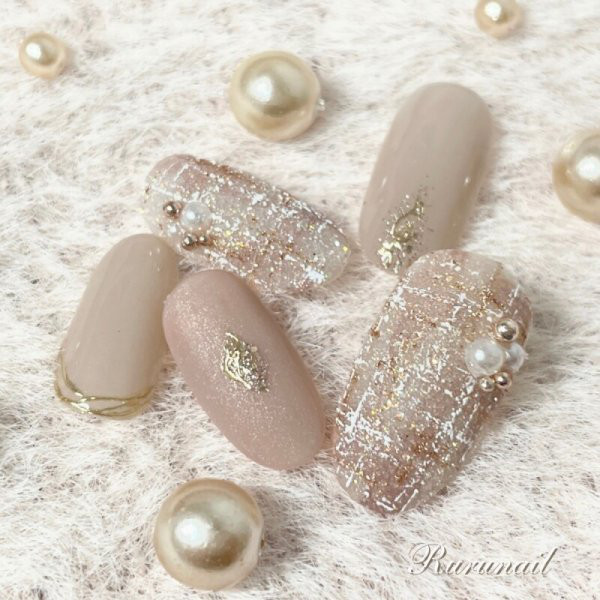 ネイルチップ/ツイード/冬/パール/017