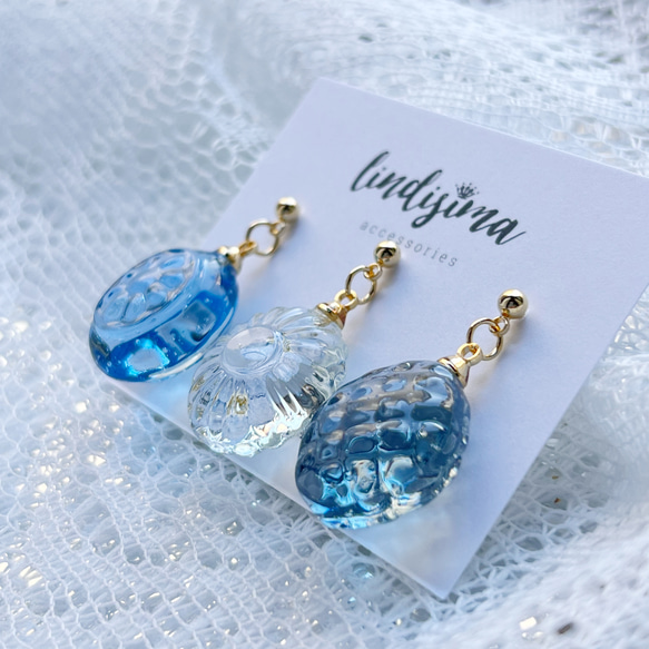 本物のお花を使ったフラワードロップ3粒ピアス・イヤリング 