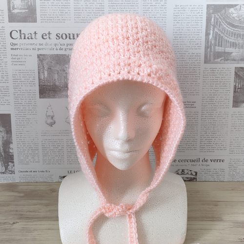 大人のボンネット ニットフード バラクラバ 紐付き クロシェハット 耳