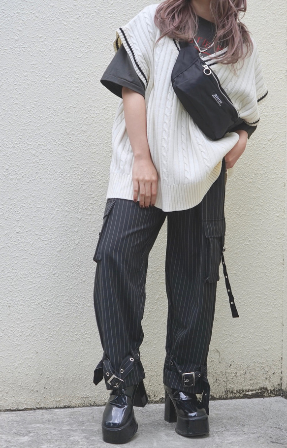 Cargo H-Line Skirt+Belt SET (beige) ワイドパンツ ブラック 黒 上品 きれいめ 1枚目の画像