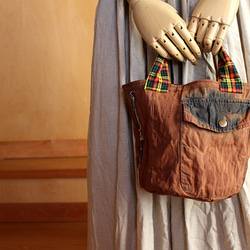 SAYOCAFE柿渋染め&刺し子のパッチバッグ トートバッグ 衣工房SAYOCAFE