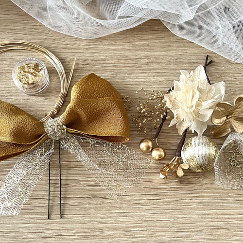 再販受けつまみ細工髪飾り水引リボン紅白ゴールドラインストーン