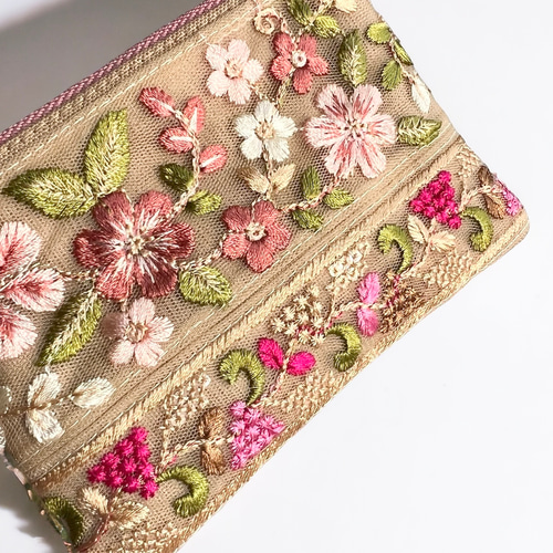 桜/インド刺繍×帆布☆キーホルダー付きフラットポーチ/マルチケース【2