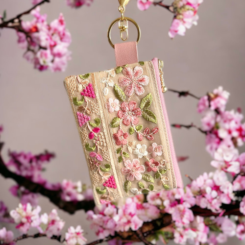 桜/インド刺繍×帆布☆キーホルダー付きフラットポーチ/マルチケース【2