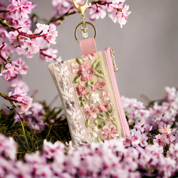 桜/インド刺繍×帆布☆キーホルダー付きフラットポーチ/マルチケース【2