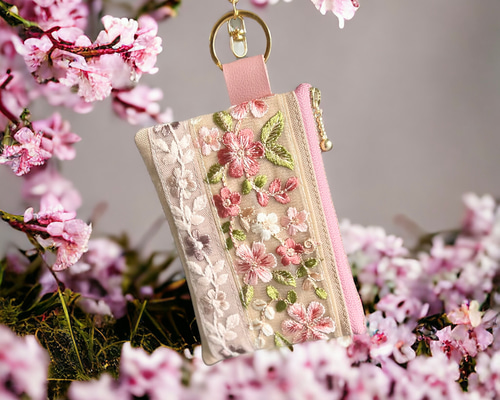 桜/インド刺繍×帆布☆キーホルダー付きフラットポーチ/マルチケース【2