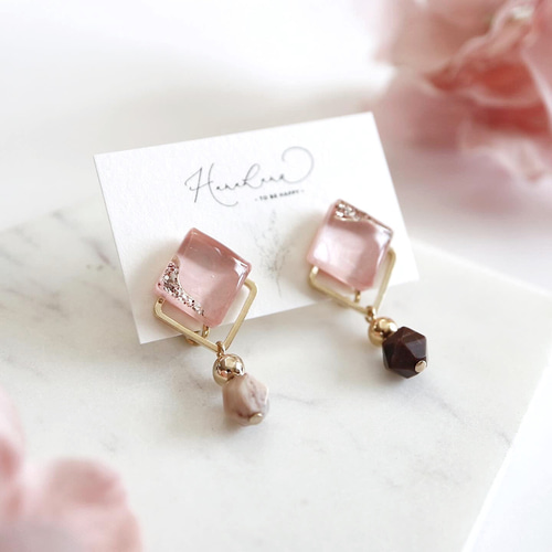 桜ピンク×ペトリファイドウッドの春ピアス／イヤリング ピアス 