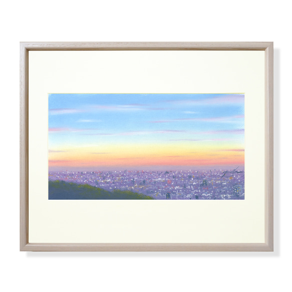 パステル画（原画）夕焼け。 海とイルカのパステルアート 虹色の夕焼け パステル画原画