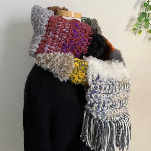 個性的カラフル毛糸のボーダー手編みロングマフラー2 マフラー Kym