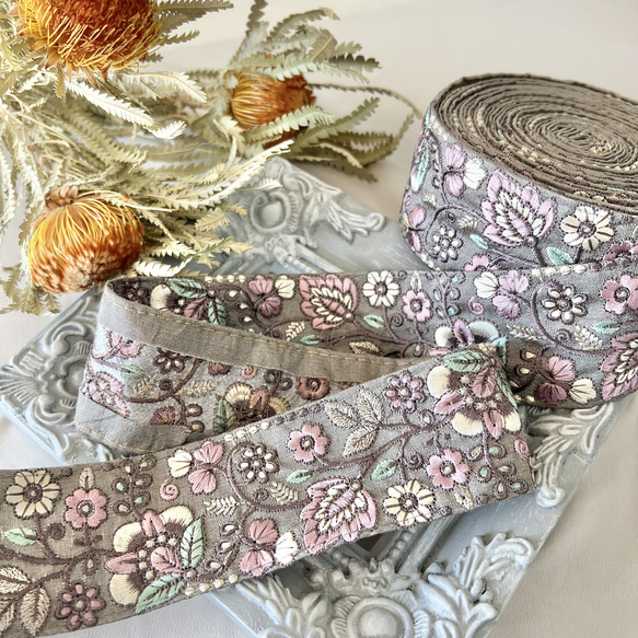 30cm  インド刺繍リボン  シルク　花柄 9枚目の画像