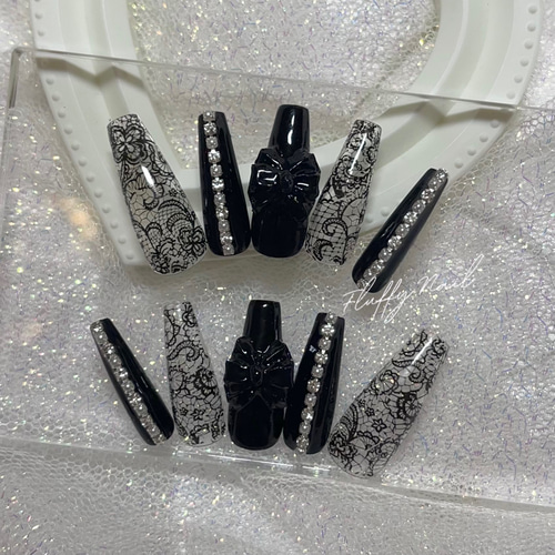 フルオーダー受付中/3Dリボン レースネイル ブラックレース ネイル  