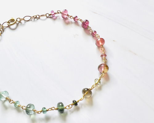 グリーンターコイズとトルマリンのリボンブレス　スピネルを添えて♡　14Kgf グリーンターコイズとトルマリンのリボンブレス スピネルを添えて 14Kgf