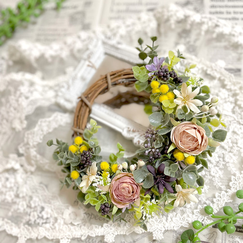 人気のヌードカラー＊薔薇とミモザとグリーンのフラワーリース＊直径15