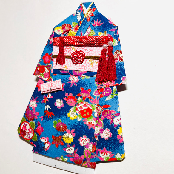 着物のお祝い袋660 ご祝儀袋 青地　桜　橘　梅　小菊 3枚目の画像