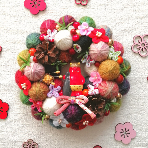 毛糸玉リース☆赤いキラキラ