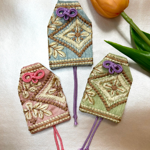 インド刺繍リボン⭐︎合格祈願⭐︎ お守り袋 マース袋 ダイヤ グリーン