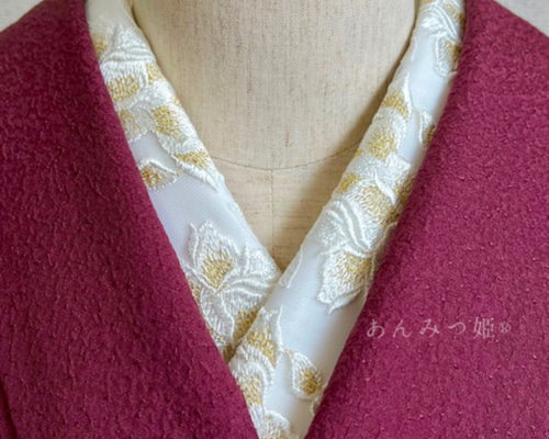 洗える刺繍半衿 白×ゴールドの薔薇 和装小物（帯・半襟） あんみつ姫