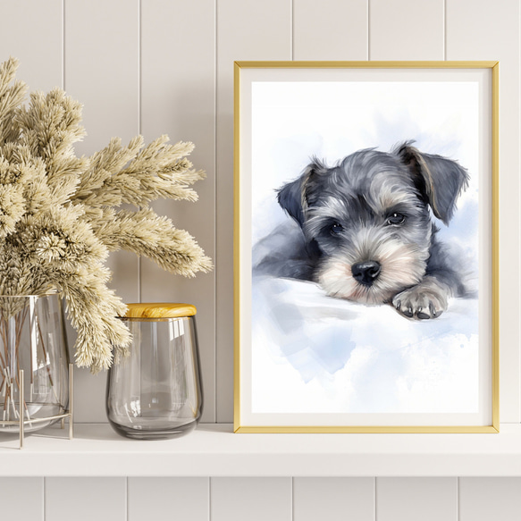 【夢心地 - シュナウザー犬の子犬 No.1】風水画 アートポスター 犬の絵 犬の絵画 犬のイラスト 8枚目の画像