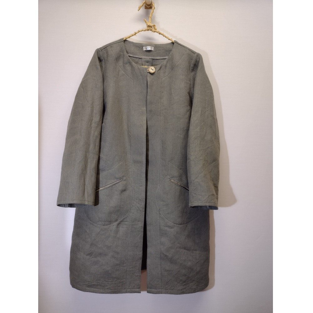 リネンのスプリングコート　猫ポケ◆ウィンターリネン（厚手15番手、リネン100％）◆オリーブ