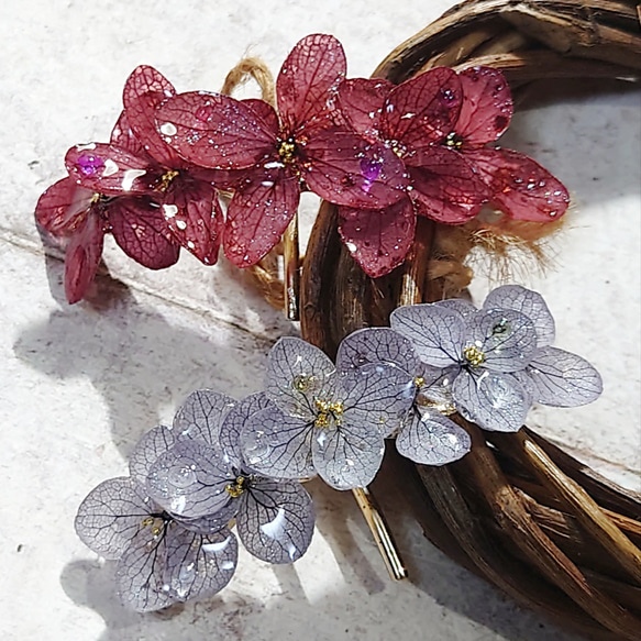 しっとり華やか…煌めき✧小さめラベンダー紫陽花　ポニーフック　重なる本物のお花！ 8枚目の画像