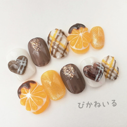 オレンジ×あみあみチョコ♪バレンタインネイル ネイルチップ（つけ爪