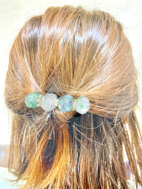 宝石バレッタ　ヘアアクセサリー　透明✖️緑 10枚目の画像