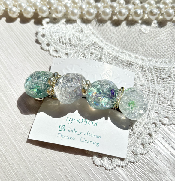宝石バレッタ ヘアアクセサリー 透明✖️緑 バレッタ ryo0308