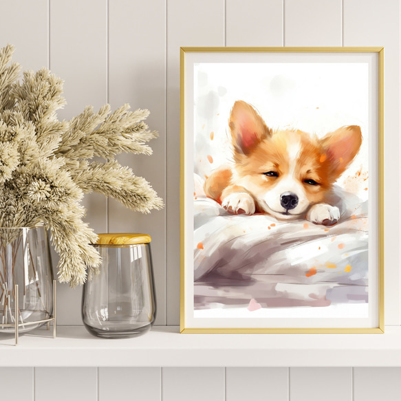 【夢心地 - ウェルシュコーギー犬の子犬 No.3】風水画 アートポスター 犬の絵 犬の絵画 犬のイラスト 8枚目の画像