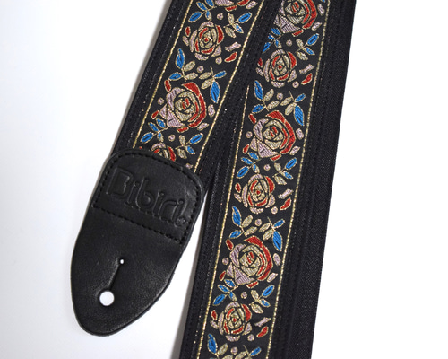 刺繍リボン》赤と青の薔薇 帆布ギターストラップ サイケデリック 楽器